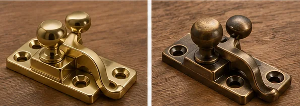 Illustrations of traditional brass and antique-finish sash window fasteners