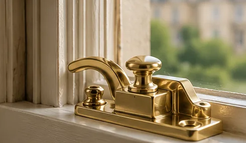 Illustrative brass sash window fastener on a traditional timber window