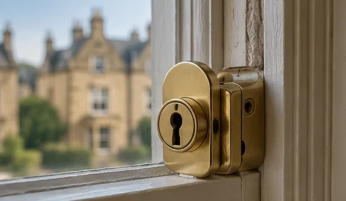 Illustrative keyed lock on a traditional timber sash window