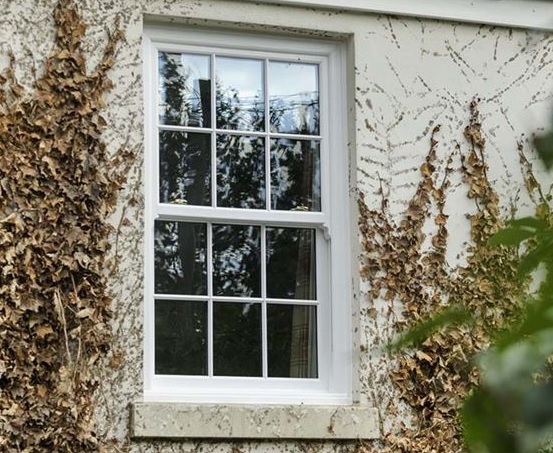 White uPVC vertical sliding sash window with traditional glazing bars